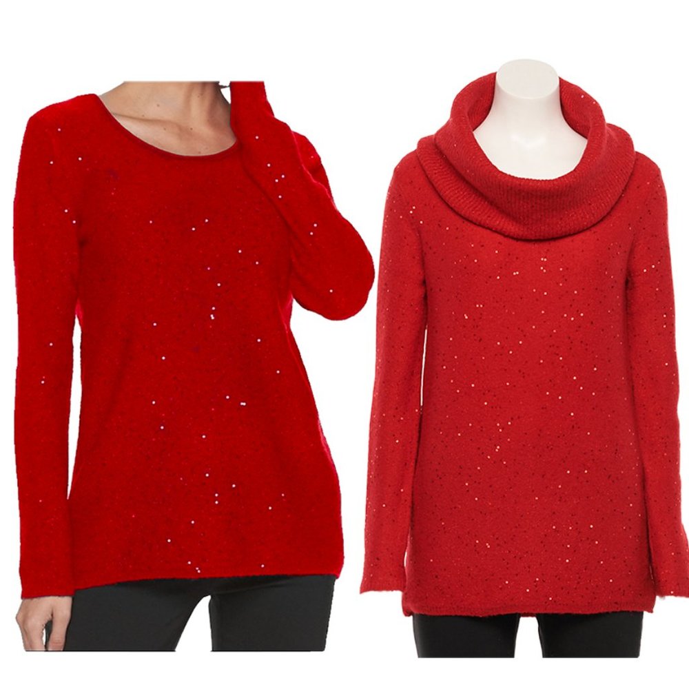 APT. 9 Red Sequin Cowlneck Sweater, Large